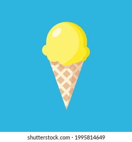 Lemon yellow Yummy Ice cream isolated on blue background vector illustration. Summer time, vacation, holiday, menu and beach concept background design.