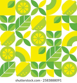 Lemon.Abstract geometric seamless pattern. Organic food. Tropical fruits, leaves and slices. Set of icons in simple flat style. Elements isolated on a white background. Vector illustration.