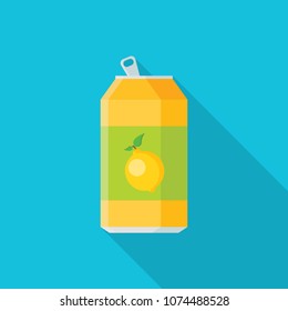 Lemonade in aluminum can flat icon with long shadow isolated on blue background. Simple opened soda can in flat style, vector illustration.