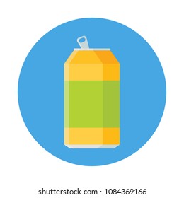 Lemonade in aluminum can flat icon solated on blue background. Simple opened soda can in flat style, vector illustration.