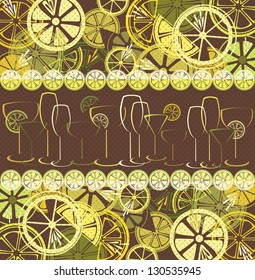 Lemonade. Background decorated with citrus and glasses. Vector colorful illustration.