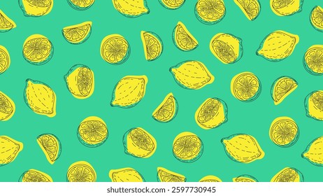 Lemonade background. Lemon fruit seamless pattern. Lemon sketch hand drawn wallpaper