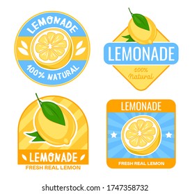 Lemonade badges design set. Labels with lemon fruit and text. Flat vector illustration for tags and stickers template, fresh natural juice or summer drink concepts