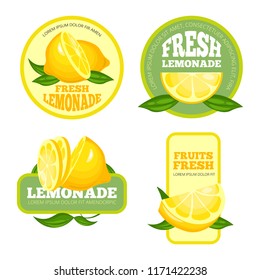 Lemonade badges. Lemon juice or fruit syrup lemonade vector labels or logo illustrations. Lemonade juice and lemon drink