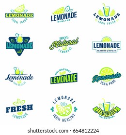 Lemonade badges set. Colorful logo and stickers for menu, bars, restaurants with lemon slices, leaves of mint and fresh 100 percent natural drink. Isolated. Vector.