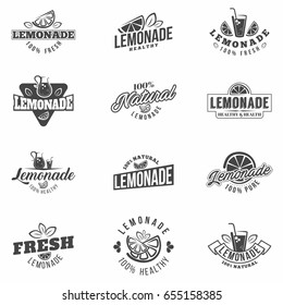 Lemonade badges set. Monochrome templates  for menu, bars, restaurants with lemon slices, leaves of mint and fresh natural drink. Isolated. Vector.