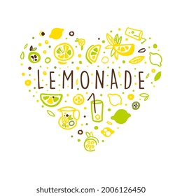 Lemonade Banner Template, Lemonade and Citrus Fruits Seamless Pattern in Heart Shape, Refreshing Summer Drinks Poster, Card, Packaging Design Vector Illustration