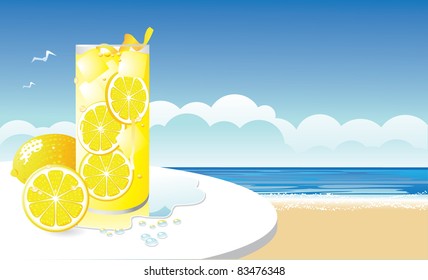 Lemonade at the beach A cool, refreshing lemonade at the beach, with room for your copy. Vector illustration, Grouped for easy editing.