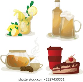 lemonade, beer, tea with biscuits and coffee with cake