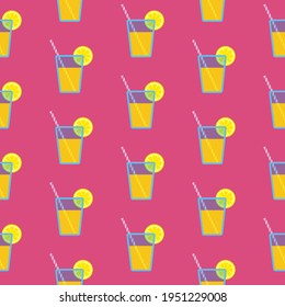Lemonade in blue glass with striped straw and slice of lemon, seamless pattern on ruby background