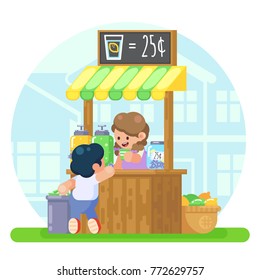 Lemonade booth with happy little cute girl selling young boy first business Vector colorful illustration in flat style image eps10