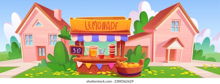 Lemonade booth stand near house on rural street on summer. Countryside outdoor market with tent, glass pitcher, straw and lemon fruit. Suburb wooden stall with garland near home on flowers lawn.