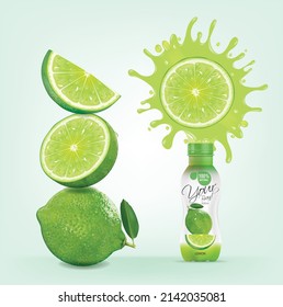 Lemonade bottle design with lemon juice splashes.illustration vector