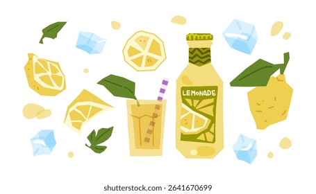 Lemonade Bottle And Drink Elements. Bottle of lemonade, glass with straw, lemon slices, ice cubes, and leaves in cartoon flat style. Bright flat illustration, isolated on white background.