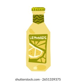 Lemonade Bottle Flat Illustration. Yellow lemonade bottle with geometric lemon slice label and green patterned cap. Flat cartoon style in warm tones on white background.