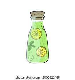 Lemonade bottle in hand drawn style isolated on a white background. Lemonade with mint and lemon. Vector illustration.