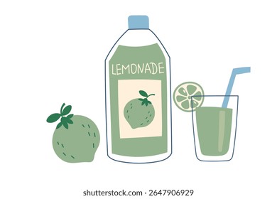 Lemonade bottle with lime and filled glass. Vector flat style clipart. Concept of drinks, summer, thirst.