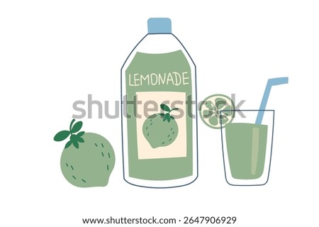 Lemonade bottle with lime and filled glass. Vector flat style clipart. Concept of drinks, summer, thirst.