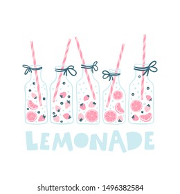 Lemonade in a bottle with a straw. Lemons, oranges, strawberries and berries in a simple Scandinavian hand-drawn style. Pastel palette. Ideal for printing onto fabric.