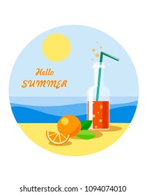 lemonade in a bottle with a straw in the sand with orange on the beach