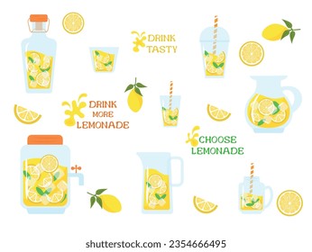 lemonade in bottles, decanters, glasses. Set with lemonade in different containers, different shapes, lemons, mint, lemon slices. Flat vector illustration