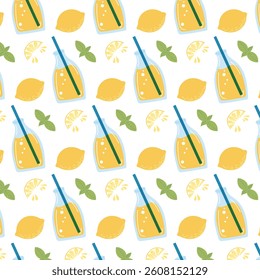 Lemonade Bottles and Lemons, mint leaves. Seamless Pattern. Vector Illustration