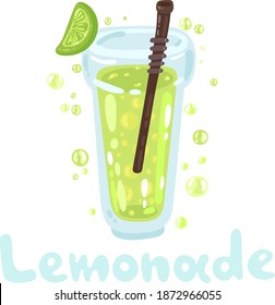 Lemonade and bubbles in a glass with a sraw. Flat colorful yellow and green design style, modern vector clipart illustration. Summer lemonades with one half lemon fruit. Hand drawn typography.