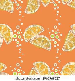  lemonade with bubbles on orange background lemons and lime. for printing on fabric, paper, wallpaper. Can be used for clothes collection, branding, packaging, interior decoration, scrapbooking