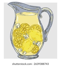 Lemonade in a carafe with ice. Mediterranean element, exotic tropical. Textured illustration with hand drawn sketch elements