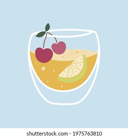 Lemonade with cherry, lemon, orange. Fruit Ice tea in a transparent cup. 
Summer refreshing cocktail.