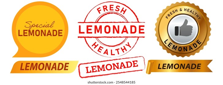 Limonada cítrica bebida exprimida menú de alimentos saludable sello de bebida de calidad fresca insignias de colores emblema etiqueta engomada medalla de Botón grunge textura cinta Anuncio diseño icono conjunto colección