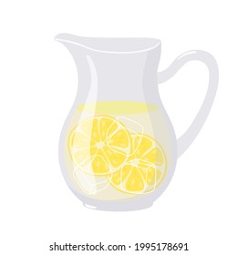 Lemonade. Clear glass jug with yellow liquid, ice cubes, pieces of lemon. Vessel with lemonade isolated on white. Cold Drinks Advertising for pub, bar, restaurant menu, party decor, beverage template