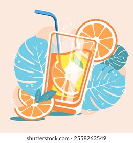 Lemonade cocktail drink poster with orange slices and blue leaves on beige background. Vector illustration.