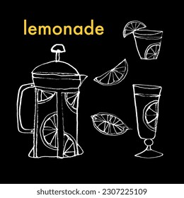 Lemonade, cocktail, vector set. Glass, jug, lemons. Bar, summer, drink, holiday. Hand drawing, sketch, doodle, white on black. Eps10