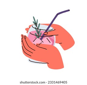 Lemonade, cold summer drink in hand. Holding iced cool refreshing beverage in glass with straw. Sweet lavender-flavored refreshment with rosemary. Flat vector illustration isolated on white background