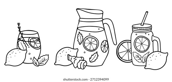 Conjunto de composiciones de limonada. Jarra y vasos, frasco de masón con paja, fruta de limón y rodajas de cítricos cortados. Bebida refrescante de verano con limón y menta. Ilustración vectorial dibujada a mano en estilo Doodle