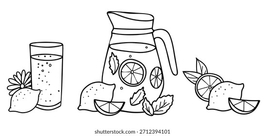 Conjunto de composiciones de limonada. Jarra y vasos, fruta de limón y rodajas de cítricos cortados. Bebida refrescante de verano con limón y menta. Ilustración vectorial dibujada a mano en estilo Doodle aislado en un fondo
