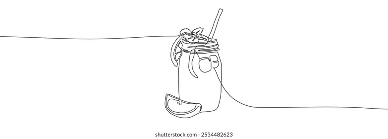 Lemonade continuous line drawing vector illustration. Summer relax illustration. Summer cold drink in a glass jar with a straw, lemon slice and mint leaf. Editable stroke