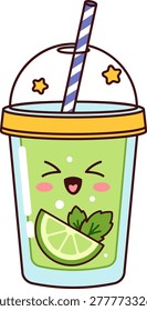 Lemonade cup with dome lid, striped straw, happy face, lime slice, and mint leaf. Refreshment, summer vibe, joy, and wellness for beverage branding. Cartoon vector illustration.