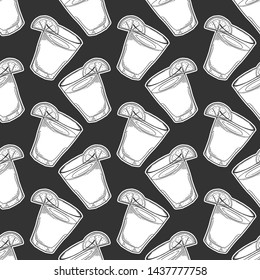 Lemonade cup with lemon slice. Vector concept in doodle and sketch style. Hand drawn illustration for printing on T-shirts, postcards. Seamless pattern for textile, paper wrap. Texture background.