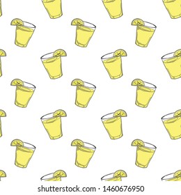 Lemonade cup with lemon slice. Vector concept in doodle and sketch style. Hand drawn illustration for printing on T-shirts, postcards. Seamless pattern for textile, paper wrap. Texture background.