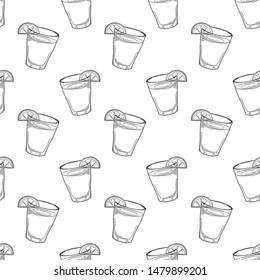 Lemonade cup with lemon slice. Vector concept in doodle and sketch style. Hand drawn illustration for printing on T-shirts, postcards. Seamless pattern for textile, paper wrap. Texture background.