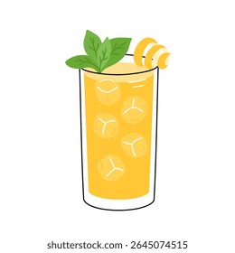 Limonada decorada espiral de casca de limão e folhas de hortelã. Bebida de verão com cubos de gelo. Bebida refrescante ou сcoquetel em vidro. Ilustração de vetor plano isolada no plano de fundo branco