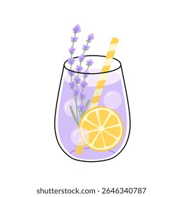 Limonada decorado limão fatia e flores de lavanda. Bebida fria de verão com cubos de gelo. Bebida de refresco doce sabor lavanda ou сcoquetel em vidro com palha. Ilustração isolada de vetor plano