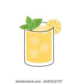 Limonada decorado de fatia de limão e folhas de hortelã. Bebida de verão com cubos de gelo. Bebida refrescante ou сcoquetel em vidro. Ilustração de vetor plano isolada no plano de fundo branco