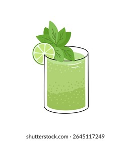 Lemonade decorated lime slice and mint leaves. Summer sparkling beverage. Refreshing drink or сocktail Mojito in glass. Flat vector illustration isolated on white background