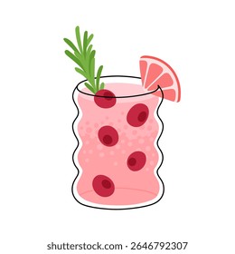 Lemonade decorated slice of grapefruit and sprig of rosemary. Cold summer beverage with berries. Sweet citrus flavored refreshment drink or cocktail in glass. Isolated flat vector illustration