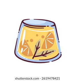 Bebida de limonada rabiscar em vidro transparente, preenchido com líquido amarelo brilhante, fatias de citros e folha de hortelã. Ilustração vetorial de limonada de desenhos animados é perfeito para projetos de verão.