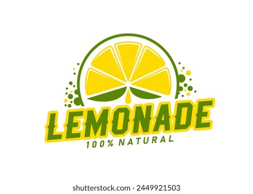 Lemonade drink icon, lemon fruit slice with juice splashes vector label. Lemon or lime citrus fruit with green leaves and juicy yellow drops sign of natural lemonade, juice and citrus flavored soda