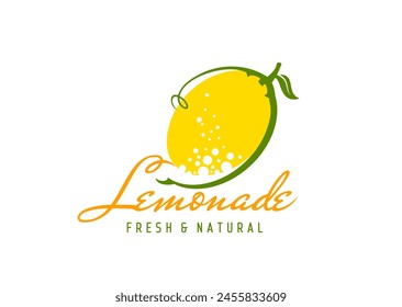 Icono de bebida de limonada, jugo de fruta de limón. Emblema de Vector aislado para bebidas cítricas frescas y naturales, cóctel revitalizante o refresco. Limón entero vibrante con hojas verdes, burbujas y tipografía